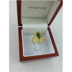 2+ CARAT GREEN QUARTZ STERLING SILVER AND GOLD FINISH RING. SET WITH 2 DIAMONDS. INCLUDES $350