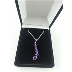 STERLING SILVER AMETHYST JOURNEY NECKLACE SET WITH 3 DIAMONDS. NEW IN BOX
