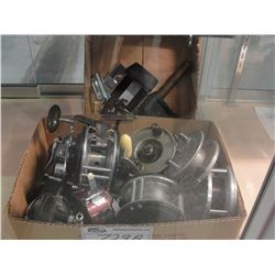 ASSORTED VINTAGE FISHING REELS, MISC LIGHTERS, WATCH, ETC