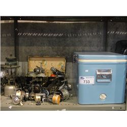 SHELF LOT OF VINTAGE FISHING REELS, COLEMAN COOLER, COLEMAN LANTERN, ETC