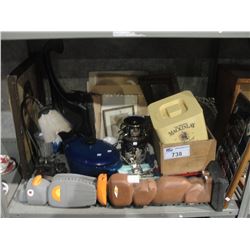 SHELF LOT OF ASSORTED MISC ITEMS; COLLECTABLES, DECORATIVE PIECES, WOODEN NATIVE TOTEM, ETC