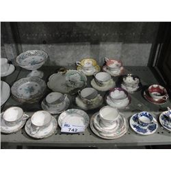 SHELF LOT OF ASSORTED ENGLISH BONE CHINA; CUPS AND SAUCERS, SNACK PLATES, ETC