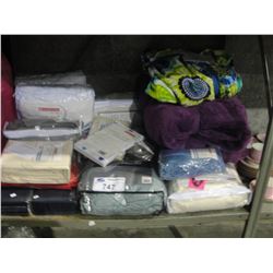 SHELF LOT OF ASSORTED BEDDING, SHEET SETS, BLANKET ETC