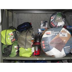 SHELF LOT OF ASSORTED CAMPING GEAR