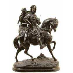 Emile Coriolan Hippolyte Guillemin, a bronze group of an Arabian and a maiden on horse back, 81 c...