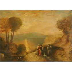 After Turner, figures on a path by a mountain lake, oil on canvas, 53 x 74 cm See illustration £6...