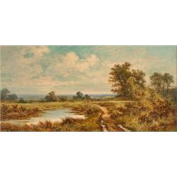 George Leslie, a figure on a path by a river, oil on canvas, signed, 29.5 x 59.5 cm See illustrat...