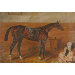 A*** Aistrop, Lord Lyon Winner of the Derby 1866 in a stable interior with a cat, oil on canvas,...