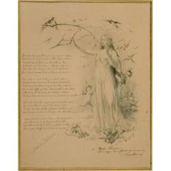 Paul Merwart, a maiden with cherubs, birds and flowers, grey wash, signed, with dedication from M...