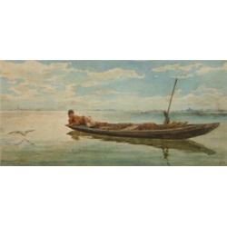 C*** Reichnitt (?) 1877, a young fisher boy in a boat, watercolour, indistinctly signed, dated, 2...