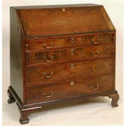 A Late 18th Century Mahogany Bureau, the fall front revealing an inlaid interior, above four grad...