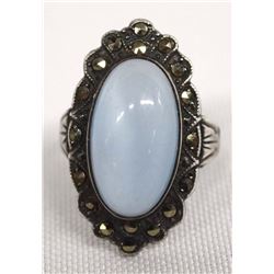 Estate Silver Marcasite Moonstone Ring, Size 6