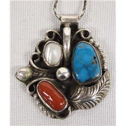 Navajo Sterling Coral Turquoise Pendant Necklace