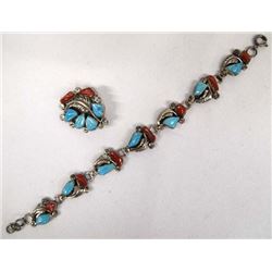 Zuni Silver Coral Turquoise Bracelet and Pin