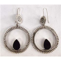 Large Sterling Silver Onyx Hoop Earrings