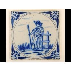 A Set of Six Early 19th Century Tiles, decorated figures in underglaze blue, 15 cm (6)  See illus...