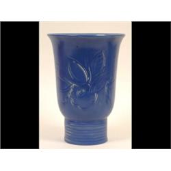 A Susie Cooper "Hand Carved" Blue Glazed Vase, decorated flowers, on a ribbed circular base, insc...