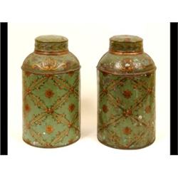 A Pair of Green Painted Tea Canisters, with foliate and gilt decoration (some paint loss/damage)...