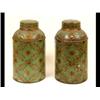 Image 1 : A Pair of Green Painted Tea Canisters, with foliate and gilt decoration (some paint loss/damage)...