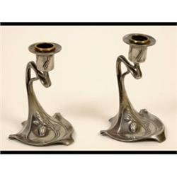 A Pair of WMF Pewter Candlesticks, on shaped triangular bases, No 329, 13 cm (2)  See illustratio...