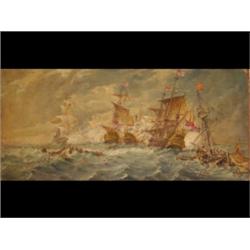 A*** R*** Personnat, a naval battle scene, signed and dated, oil on canvas, 59.5 x 130 cm (unfram...