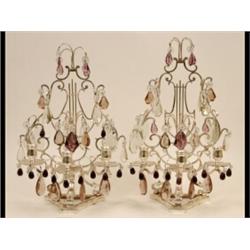 A Pair of Silvered Candelabra, of scroll and lyre form, having cut glass and amethyst drops, 46 c...