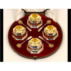 A Set of Victorian Silver Octagonal Salts, initialed, with matching spoons, cased, London 1879  S...