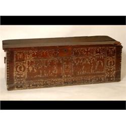 A 17th/18th Century Continental Coffer, the exterior carved figures, beasts and foliage, the inte...
