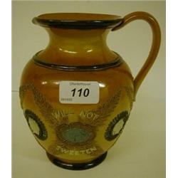 A Doulton Lambeth Stoneware Jug, Bitter Must be the Cup that a Smile will not Sweeten, 18.5 cm £5...