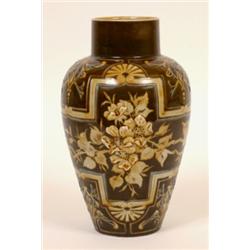 A Doulton Lambeth Eliza Simmance Vase, painted flowers on a green ground, 24.5 cm  See illustrati...