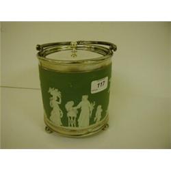 A Wedgwood Green Jasperware Biscuit Barrel, and cover, with plated mounts £30 - 50...