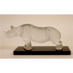 A Lalique Frosted Glass Rhinoceros, on a black rectangular base, with etched signature, 13 cm  Se...