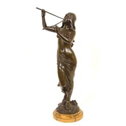 Edouard Drouot: A Bronze Figure, the scantily clad maiden with long hair playing pipes, on a natu...