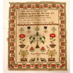 A George III Needlework Sampler, by Kezir Simmons, 1817, incorporating verse, squirrels, birds, f...