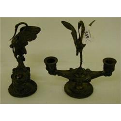 A Pair of Late 19th Century Bronze Candelabra, in the form of a bird standing on a turtle, mounte...