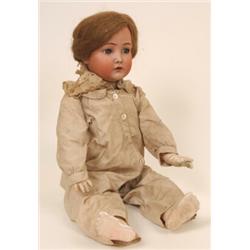 A Simon and Halbig Bisque Head Doll, with flirty eyes, open mouth with four teeth, on a ball join...