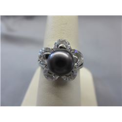 Black Freshwater Pearl ring set with cut crystal
