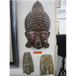 Wood Buddha wall mask & 2 stone masks