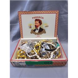 Wood Cuban cigar box filled with costume jewelry