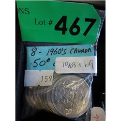 8 x 1960's Canadian 50¢ coins - 1968 &1969