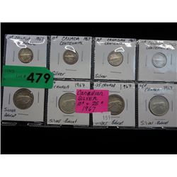 Eight 1967 Canadian dimes & quarters