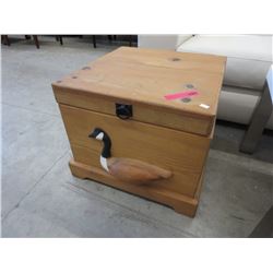 Pine storage box with carved duck motif