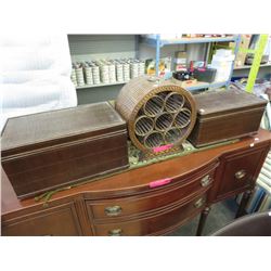 2 decorative storage boxes & a wine rack