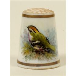 A Royal Worcester Porcelain Thimble, painted a greenfinch by Barker, puce printed mark  See illus...