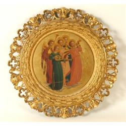 A Pair of Late 19th Century Pictures, decorated angel musicians, within carved and pierced gilt f...