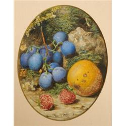 F*** Flockton, still life with strawberries, an apple and grapes in a naturalistic setting, water...