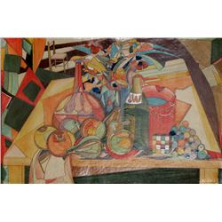 Mirko, Fruit and Rubix Cube Still Life, Painted Terracotta Plaque