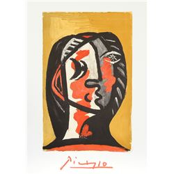 Pablo Picasso, Tete de Femme en Gris et Rouge sur Fond Ochre, Lithograph