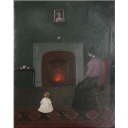 Branko Bahunek, Mother and Child by Fireplace, Oil Painting