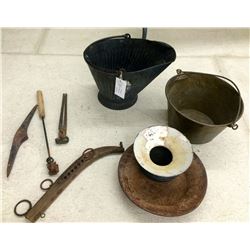 Lot of Misc. Old Buckets, Pan, Spittoon and Tools. (8 items total)